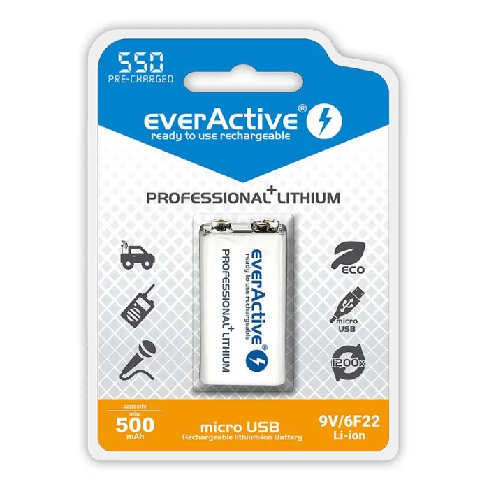 Акумулаторна Батерия R22 9V LiIon 500mAh/550 precharged  micro Usb  1бр. в опаковка EVERACTIVE