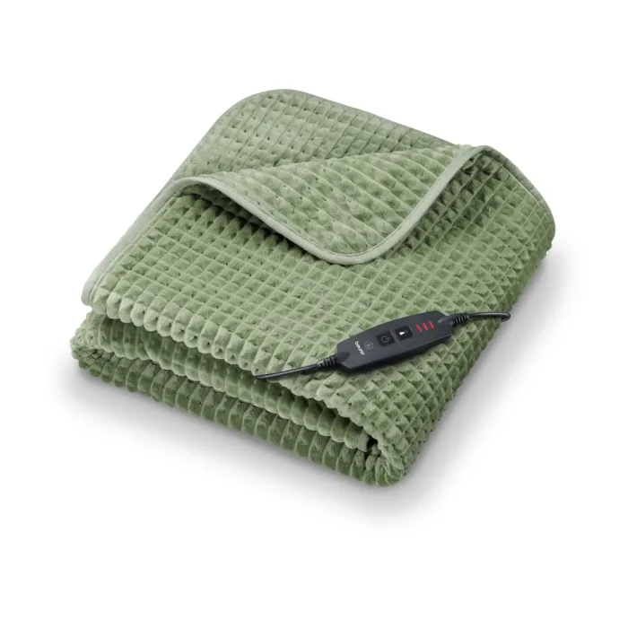 Ηλεκτρική κουβέρτα BEURER HD 72, Sage Green, 3 ρυθμίσεις θερμοκρασίας, απενεργοποίηση ασφαλείας μετά από 3 ώρες, μαλακή βελούδινη επιφάνεια, πλενόμενη στους 30°C, 180 x 130 cm