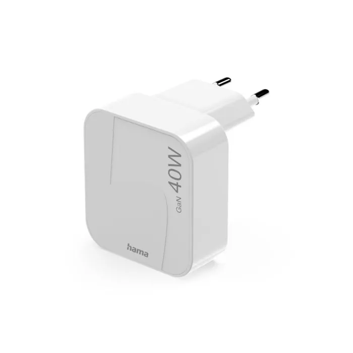 Hama GaN зарядно 40W, 2x USB-C, Power Delivery 3.0, сгъваем щепсел, бяло
