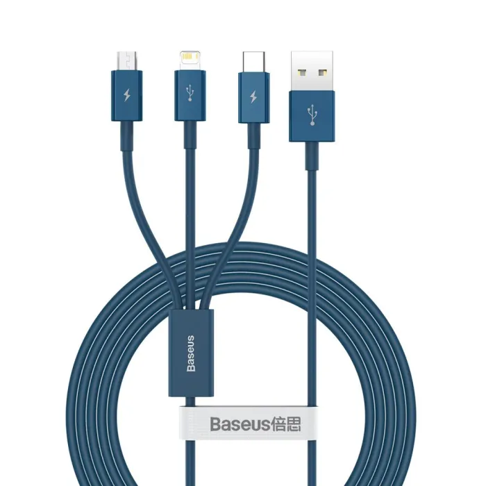 Кабел Baseus Superior 3-в-1 USB-A към Lightning, micro USB и USB-C, 3.5A, 1.5 m, син