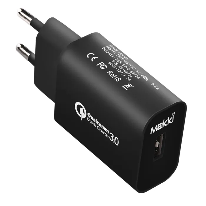 Φορτιστής πρίζας Makki MAKKI-QC18W-BK, Fast Charger 18W, 1x USB QC3.0, 5V/3A, 9V/2A, 12V/1.5A, μαύρος