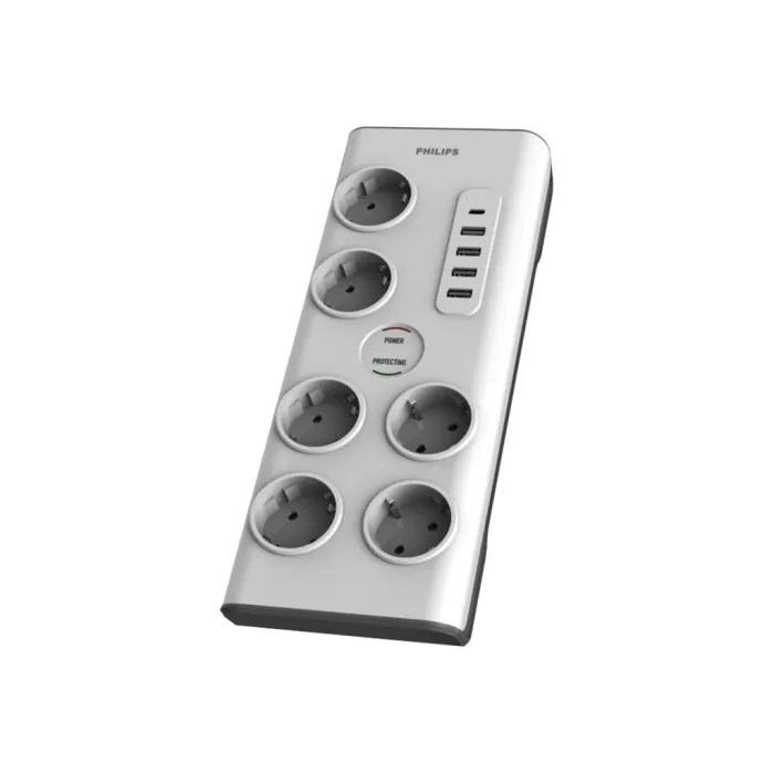 Πολύπριζο προστασίας από υπέρταση PHILIPS SPN7060WA/58, 6 πρίζες, 5 θύρες USB, καλώδιο 2 m