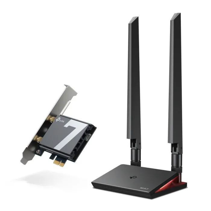 Εσωτερικός προσαρμογέας PCIe Wi-Fi και Bluetooth TP-Link Archer TBE550E, Wi-Fi 7 BE9300, τριπλής ζώνης 2,4/5/6 GHz, έως 9300 Mbps, Bluetooth 5.4, Windows 11